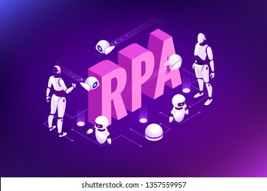 Isometric concept of RPA, artificial intelligence, robotics process automation, ai in fintech or machine transformation.