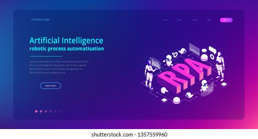 Isometric concept of RPA, artificial intelligence, robotics process automation, ai in fintech or machine transformation. Landing page template