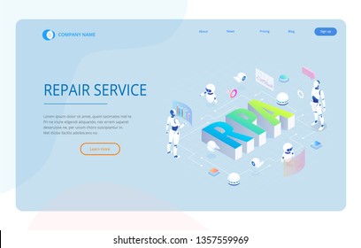 Isometric concept of RPA, artificial intelligence, robotics process automation, ai in fintech or machine transformation. Landing page template