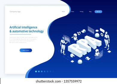 Isometric Concept Of RPA, Artificial Intelligence, Robotics Process Automation, Ai In Fintech Or Machine Transformation. Landing Page Template