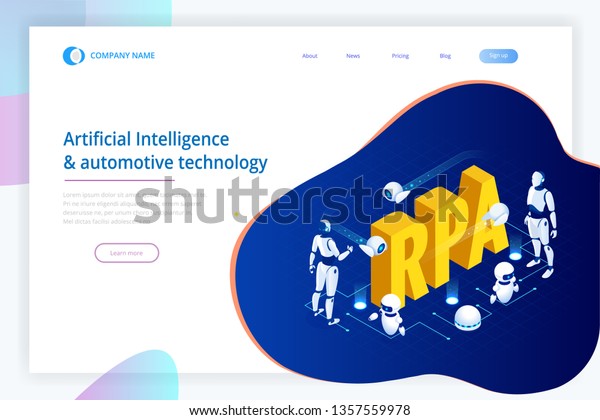 Isometric concept of RPA, artificial\
intelligence, robotics process automation, ai in fintech or machine\
transformation. Landing page\
template