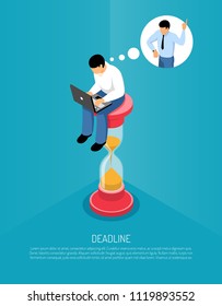 Isometric Concept With Sand Clock And Man Working On Computer And Thinking About Deadline 3d Vector Illustration
