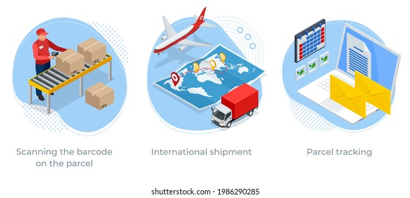 Isometric concept of Scanning the barcode on the parcel, International shipment and Parcel tracking. Post service.