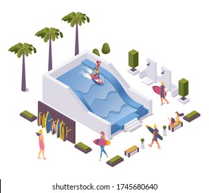 Isometric concept scene with surfer training wave pool and people around.
