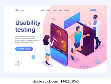 Isometric concept Scientists are testing a mobile app to track an athlete's workout. The athlete runs in training. Landing page template for the site