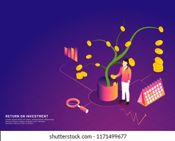 Isometric concept, seeding a money plant by man for future benefits and interest. Responsive web template design for Return On Investment concept.