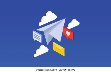 Isometric concept send online message, blue paper plane and newsletter icon message heart cloud.on blue background.3D design.isometric vector design.