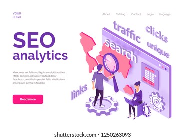 Isometric concept of Seo Analytics for website. Flat style vector illustration