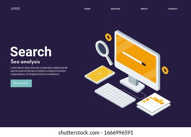 Isometric concept of SEO, Search analysis, Search engine optimization, Digital marketing - 3D vector illustration