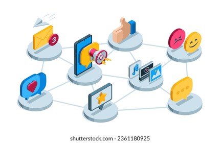 isometric concept and set of icons on the topic of messages and activity on social networks in color on a white background, likes and messages