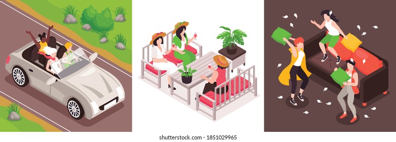 Isometric concept set with square compositions of girls riding car fighting pillows drinking wine vector illustration