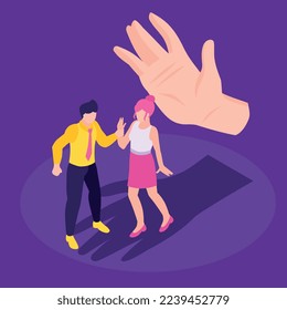 Concepto isométrico de acoso sexual con el hombre agarrando a la mujer a mano en color ilustración vectorial de fondo