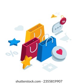 isometric concept of shopping bags and icons in color on a white background, sale or online shopping