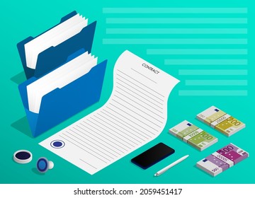 Isometric Concept. Signing of business contract, long term agreement. Conclusion of transactions and certification of documents by signature and seal. Realistic Vector