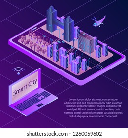 Isometric Concept of Smart City. Wireless Connected Devices. Isometric vector Illustration