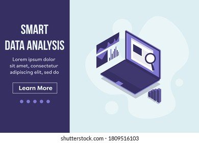 Isometric concept of smart data analytics, Data marketing app, Data analysis technology - flat design vector landing page template