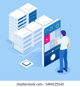 Isometric concept of Smart TV interface. A smartphone is a remote for a smart TV. Interface for Smartphone app. Digital multimedia entertainment and media television broadcasting internet