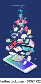 Isometric concept of smartphone with different applications, on-line services and stationary options. Vector illustration.