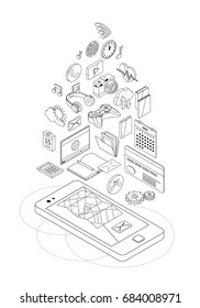 Isometric concept of smartphone with different applications, on-line services and stationary options. Vector illustration.