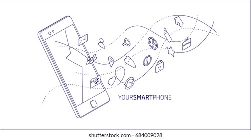 Isometric concept of smartphone with different applications, on-line services and stationary options. Vector illustration.