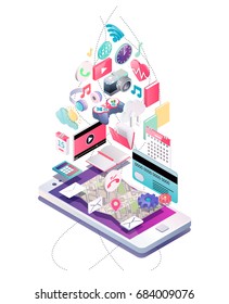 Isometric concept of smartphone with different applications, on-line services and stationary options. Vector illustration.