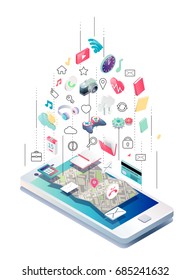 Isometric concept of smartphone with different applications, on-line services and stationary options. Vector illustration.