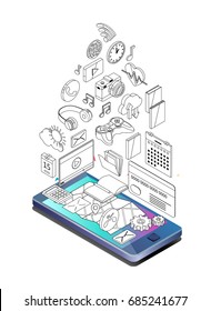 Isometric concept of smartphone with different applications, on-line services and stationary options. Vector illustration.