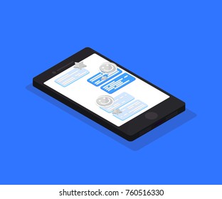 Isometric concept with smartphone and incoming messages.