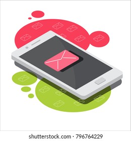 Isometric concept with smartphone and incoming messages. New mail, sms. e-mail notification. Vector illustration.