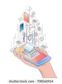 Isometrisches Smartphone-Konzept mit mobilen Bankanwendungen, Online-Diensten. Hand hält Telefon.  Vektorgrafik.