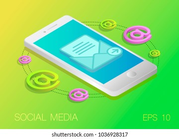 Isometric concept with smartphone and new mail. Vector illustration.