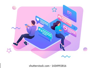 Isometric concept smartphone and social networks for teenagers a way to stay in touch with loved ones. Concept for web design
