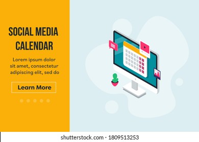 Isometric Concept Of Social Media Calendar, Social Media Post Scheduler, Content Marketing App - Flat Design Vector Landing Page