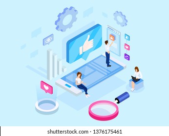 Isometric concept. Social media marketing. E-marketing, digital marketing.Analytics, strategy, mechanism of work. Campaign