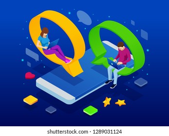 Isometric concept of social media network, digital communication, chatting. Online chat man and woman app icons. Chat messages notification on smartphone.