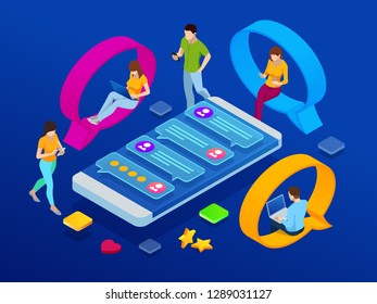 Isometric concept of social media network, digital communication, chatting. Online chat man and woman app icons. Chat messages notification on smartphone.