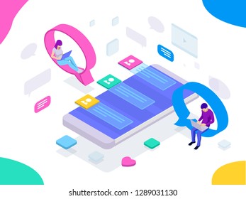 Isometric concept of social media network, digital communication, chatting. Online chat man and woman app icons. Chat messages notification on smartphone.