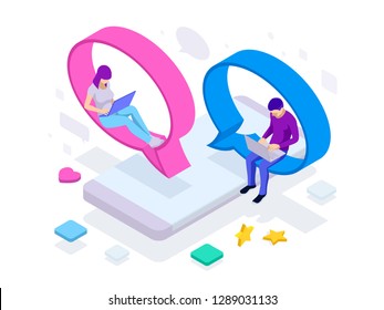 Isometric concept of social media network, digital communication, chatting. Online chat man and woman app icons. Chat messages notification on smartphone.
