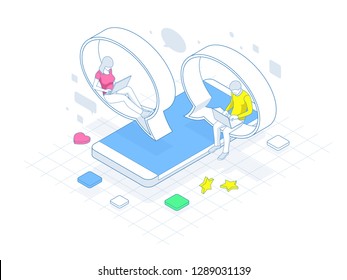 Isometric concept of social media network, digital communication, chatting. Online chat man and woman app icons. Chat messages notification on smartphone.