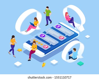 Isometric Concept of Social Media Network, Digital Communication, Chatting. Online Chat Man and Woman App. Chat Messages Notification on a Smartphone.
