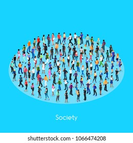 Isometric concept of society. Set of isometric people with different skin color. Crowd of people. 3d men and women view front and back. Modern young people. Vector illustration.