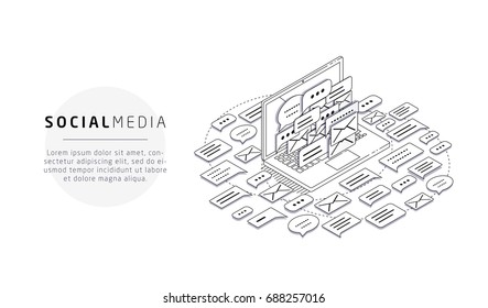 Isometric concept of spam, social media. Unsolicited promotional email. social networks emails. Vector illustration.