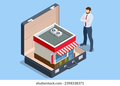 Isometric concept of Starting and developing a new start-up or local business. Shopping Online on Website or Mobile Application