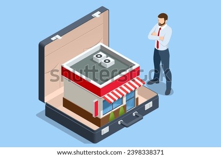 Isometric concept of Starting and developing a new start-up or local business. Shopping Online on Website or Mobile Application