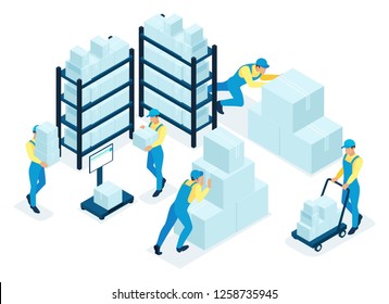 Isometric concept in stock, warehouse staff distribute boxes, delivery service. Concept for web design.