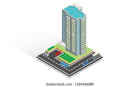 isometric concept of swimming pool above the building, vector illustration