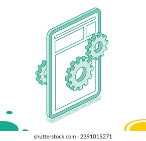 Isometric concept with tablet pc and gearwheel. Application settings. Setup icon. Vector illustration. Outline 3d objects isolated on white background.