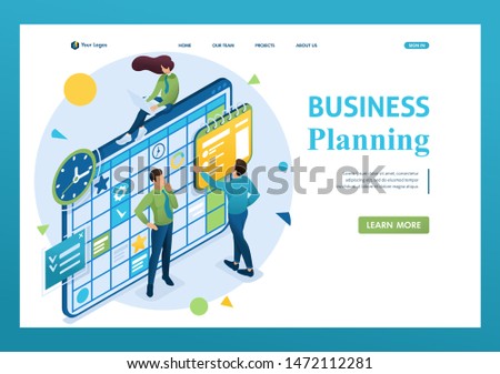 Isometric concept of the team working on the business plan, employees fill in the calendar fields. 3d isometric. Landing page concepts and web design