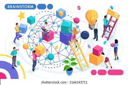Isometric concept of teamwork, discussion of ideas, brainstorming. People in motion. Concepts for web banners and printed materials.