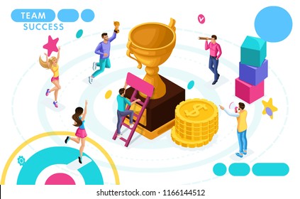 Isometric concept of teamwork, success and achievement of purpose. Entrepreneurs are happy jumping. People in motion. Concepts for web banners and printed materials.